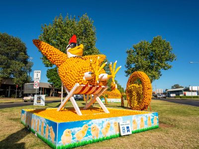 A giant chicken sculpture made entirely of oranges, wearing sunglasses and lounging in a striped deckchair on a sunny day.